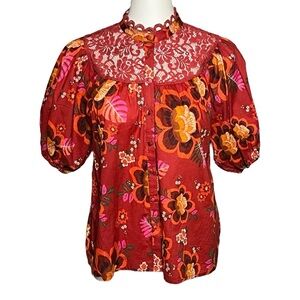 Farm Rio Red Size Small Blouse Short Puff Sleeves Floral Top Lace Trim